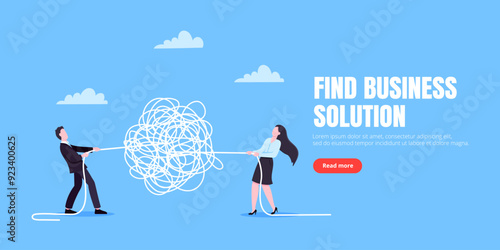 Unravel business chaos process with tangle difficult problem mess business concept flat style design vector illustration. Chaos to order, complex to simple metaphor with person trying solve mess cable