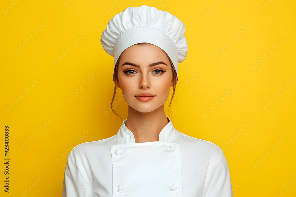 Portrait of woman chef in white outfit with crossed arms looking at camera on yellow background Portrait of woman chef in white outfit with crossed arms looking at camera on yellow background