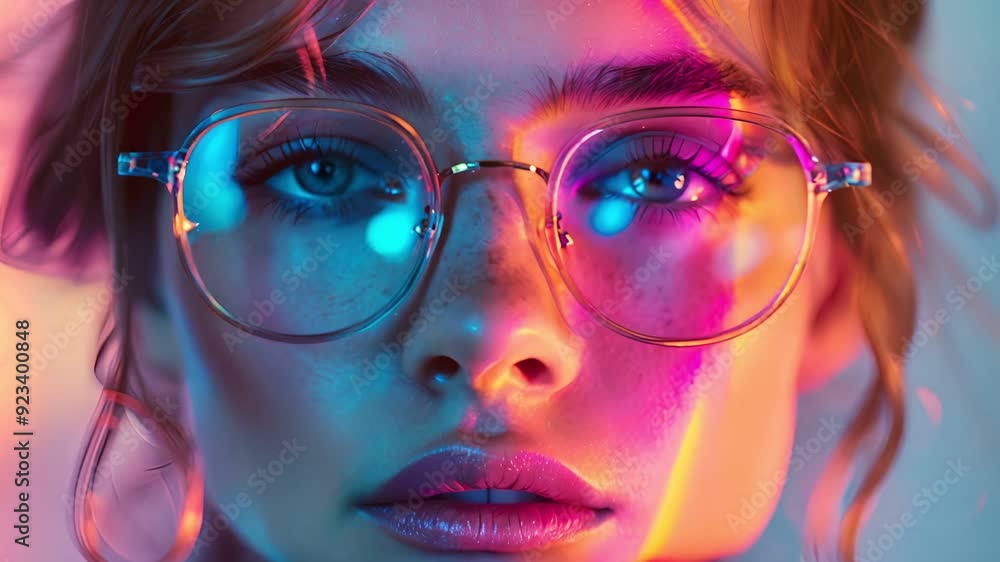 Close-up portrait of a woman wearing round glasses, illuminated by colorful lights. Her blue eyes are piercing. Close-up portrait of a woman wearing round glasses, illuminated by colorful lights. Her blue eyes are piercing.