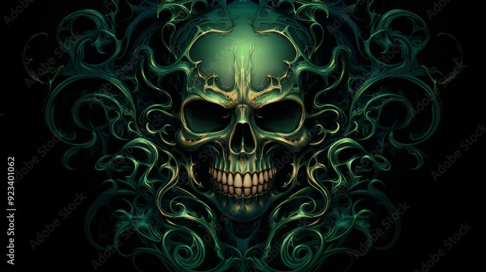 Fototapeta premium Dark green skull with luxury ornament on black background surface. Neural network ai generated art