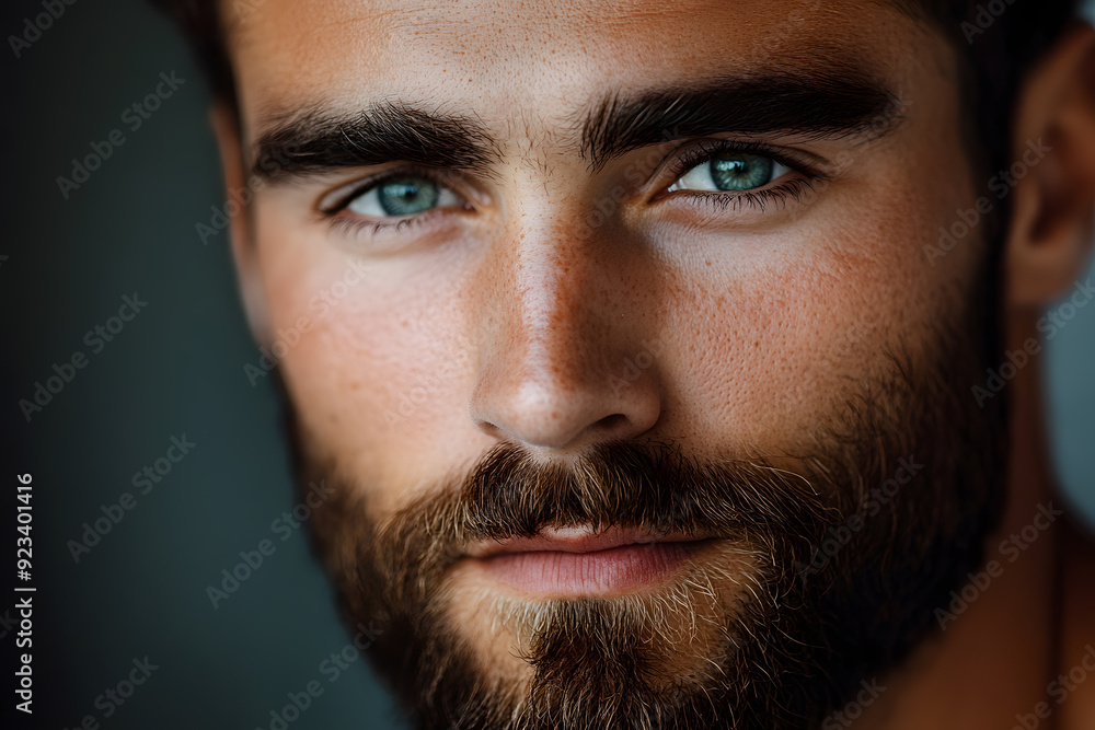 Fototapeta premium Close-up portrait of handsome bearded man looking directly at the camera on dark background