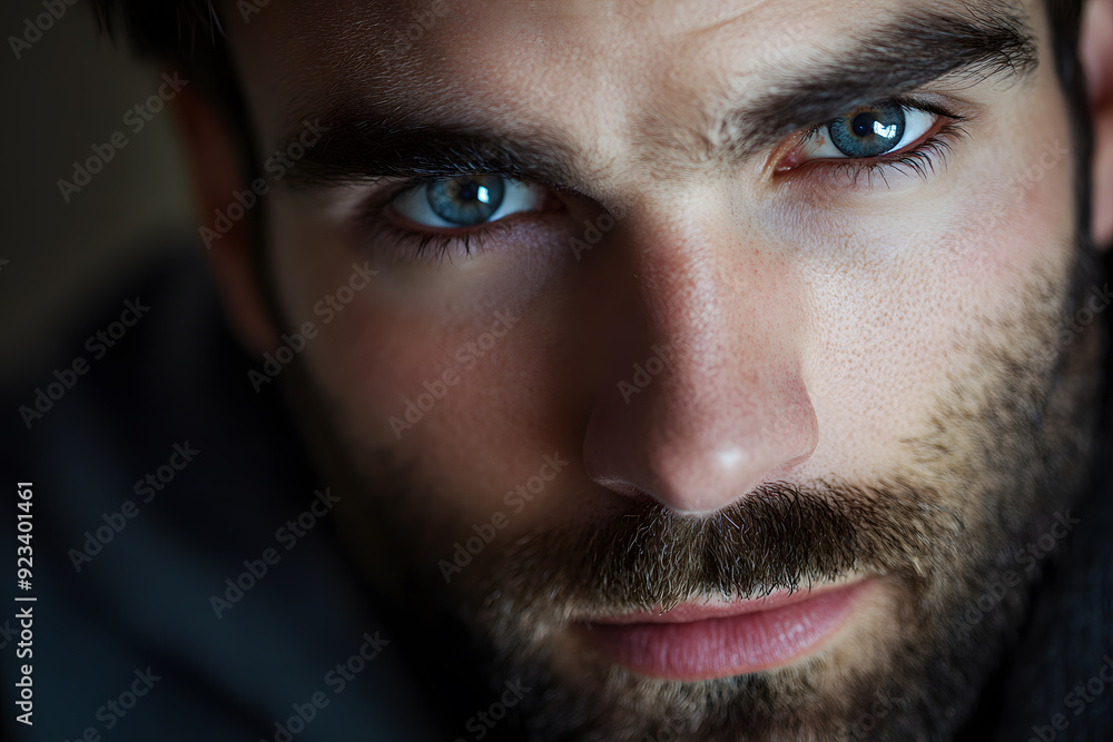 Fototapeta premium Close-up portrait of handsome bearded man looking directly at the camera on dark background