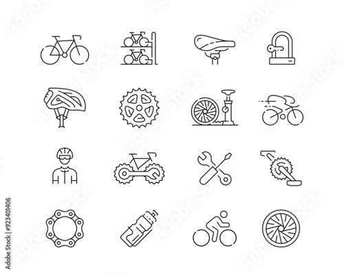 Cycling Icon collection containing 16 editable stroke icons. Perfect for logos, stats and infographics. Edit the thickness of the line in Adobe Illustrator (or any vector capable app).