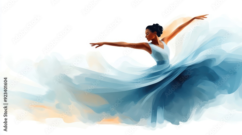 An elegant representation of a dancer caught in motion, her blue dress swirling around her, portraying the beauty and fluidity of movement in an ethereal artistic style. An elegant representation of a dancer caught in motion, her blue dress swirling around her, portraying the beauty and fluidity of movement in an ethereal artistic style.