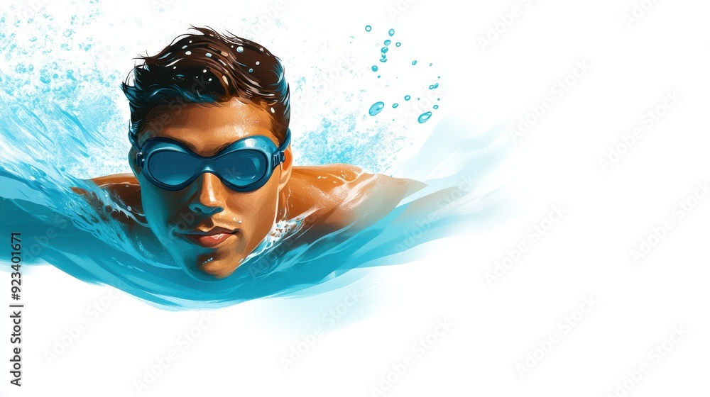 Naklejka premium A professional competitive swimmer dynamically moves through the water, wearing blue goggles, capturing strength, speed, and dedication in this high-energy aquatic scene.