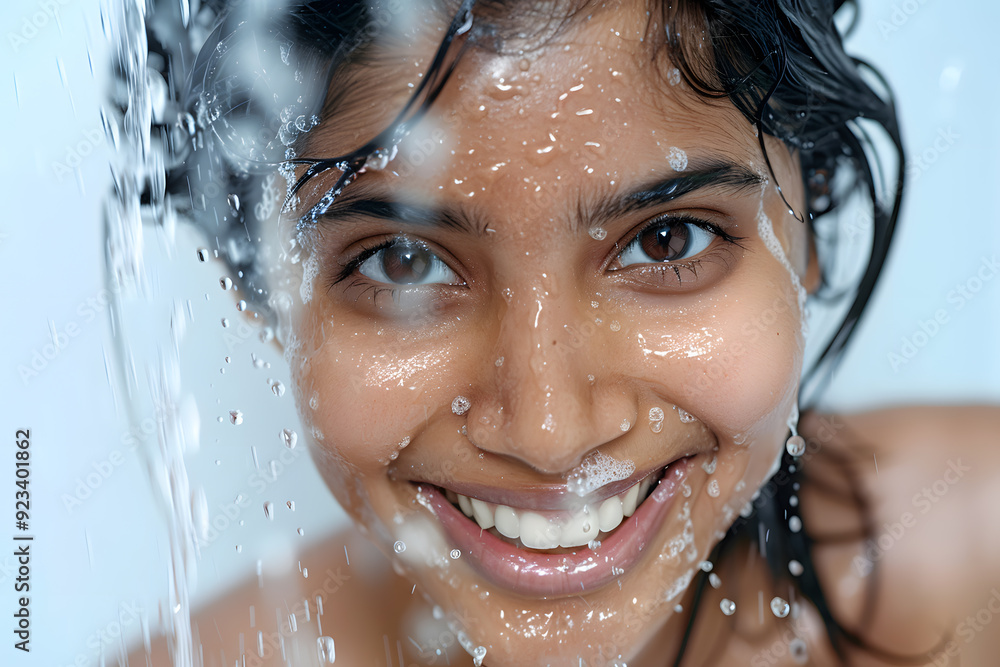 Happy beautiful Indian woman taking shower and washing hair. Morning refreshment, healthy lifestyle isolated on white background Happy beautiful Indian woman taking shower and washing hair. Morning refreshment, healthy lifestyle isolated on white background