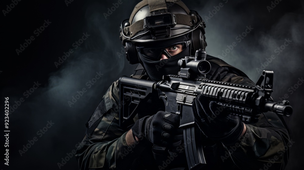 Portrait of a special forces soldier with modern machine gun and helmet. Neural network ai generated art Portrait of a special forces soldier with modern machine gun and helmet. Neural network ai generated art