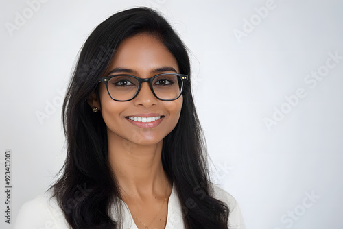 Happy smiling student Indian woman in glasses portrait isolated on white