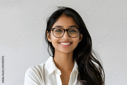 Happy smiling student Indian woman in glasses portrait isolated on white