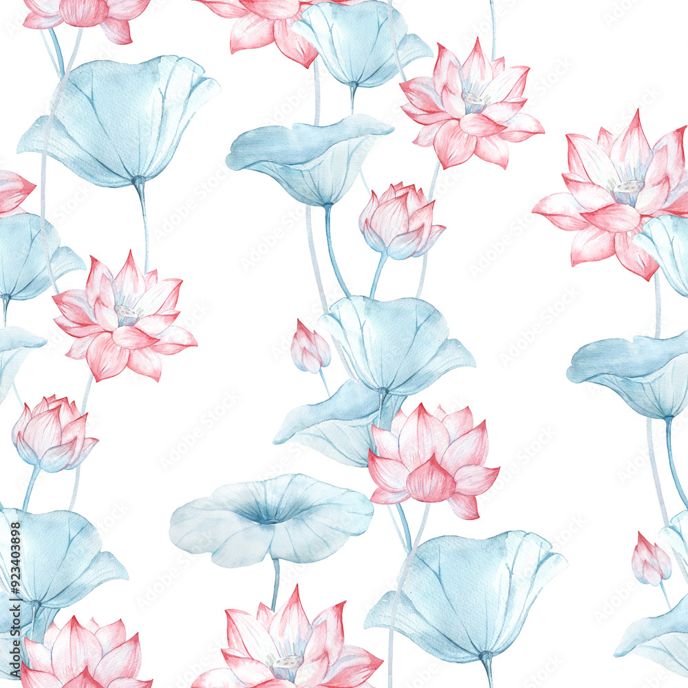Lotus flower seamless watercolor pattern. Hand drawn flowers, leaves. Lotus flower seamless watercolor pattern. Hand drawn flowers, leaves.