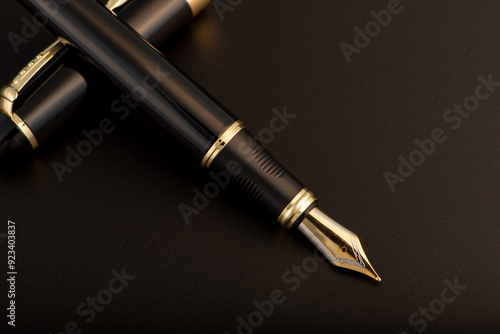 Fountain pen, beautiful black and gold fountain pen, positioned on dark background, selective focus.