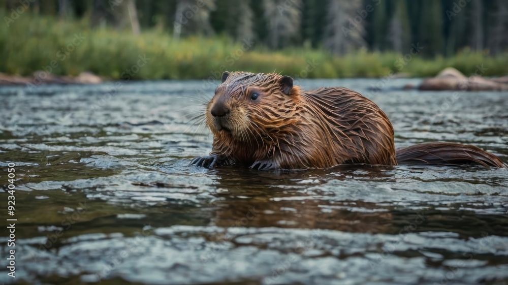 Beaver sitting on dam in tranquil mountain river Beaver sitting on dam in tranquil mountain river