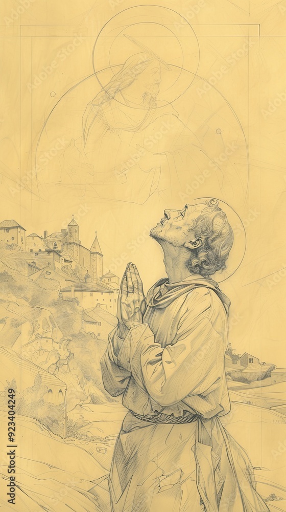 Fototapeta premium The painting of St. Roch Praying in 14th-Century French Village, Biblical Illustration, Beige Background, Copyspace