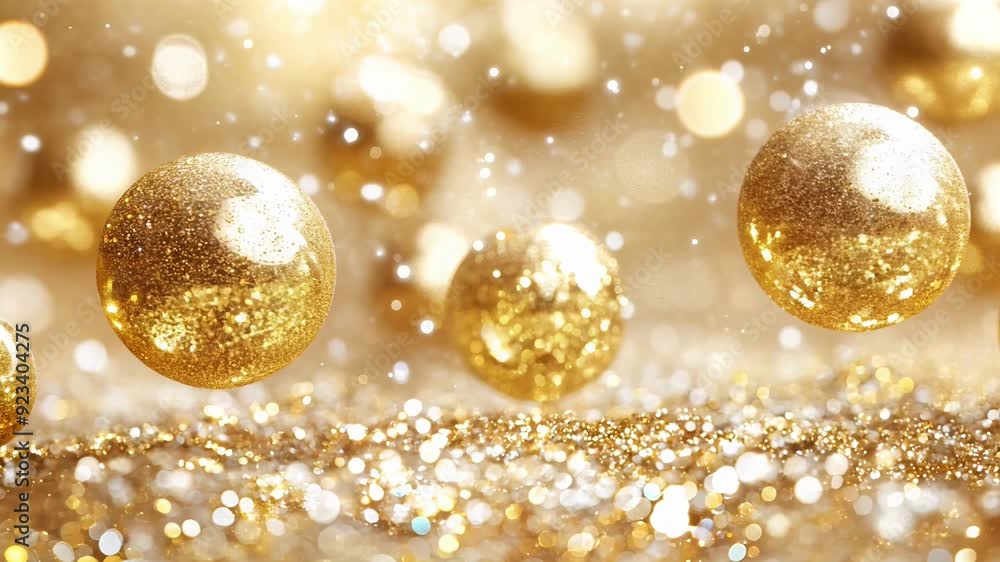 A gold colored ball is surrounded by a lot of glitter. The glitter is scattered all over the ball, giving it a shiny and festive appearance. Concept of celebration and joy, as the gold A gold colored ball is surrounded by a lot of glitter. The glitter is scattered all over the ball, giving it a shiny and festive appearance. Concept of celebration and joy, as the gold