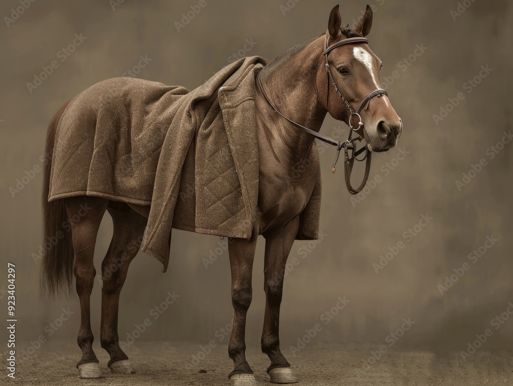 Obraz premium A horse wearing a stylish coat stands in a field during autumn, surrounded by trees with changing leaves