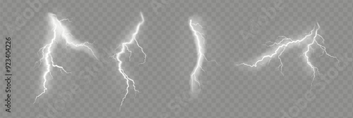 Set of the isolated realistic lightnings with transparency for design. Thunder-storm and lightnings. Magic and bright lighting effects. Natural effects