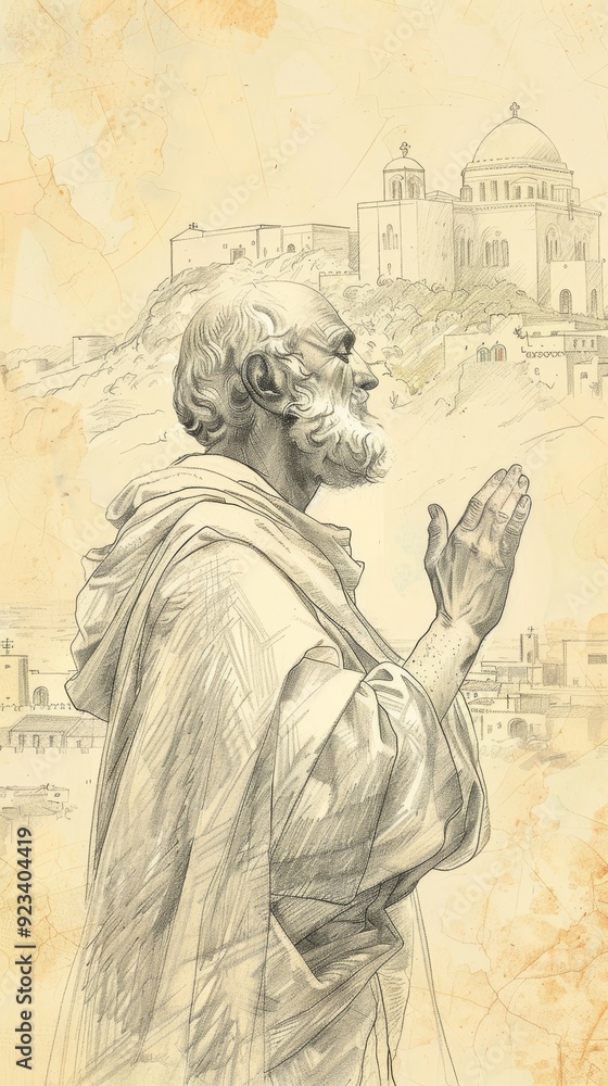 Fototapeta premium The painting of St. Dositheus of Gaza Praying in 6th-Century Monastery, Biblical Illustration, Beige Background, Copyspace