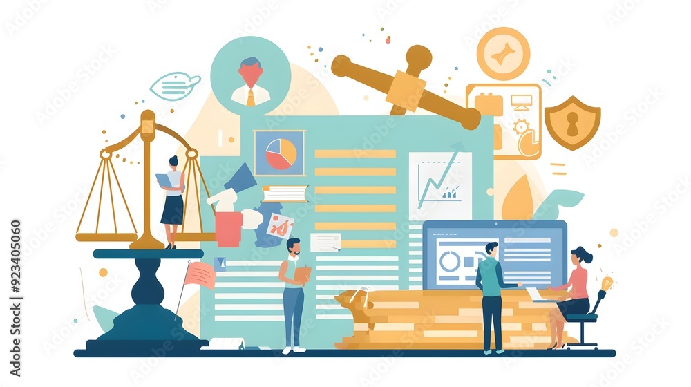 Naklejka premium Legal technology concept with people working on digital documents, justice scale, and law symbols
