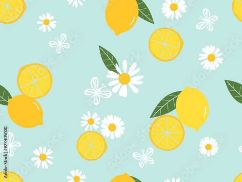 Seamless pattern with lemon, green leaves, butterfly and white flower on green mint background vector.