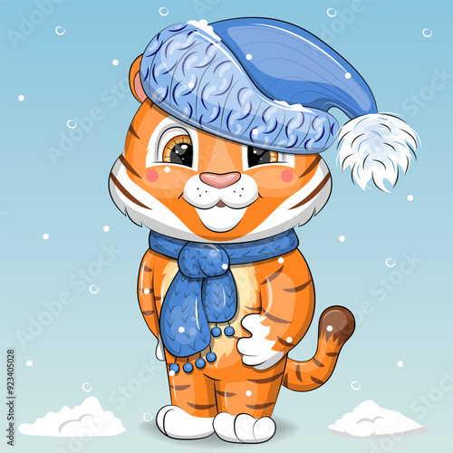 Cute cartoon tiger cub in a blue winter hat and scarf. Winter vector illustration on a blue background with snow.