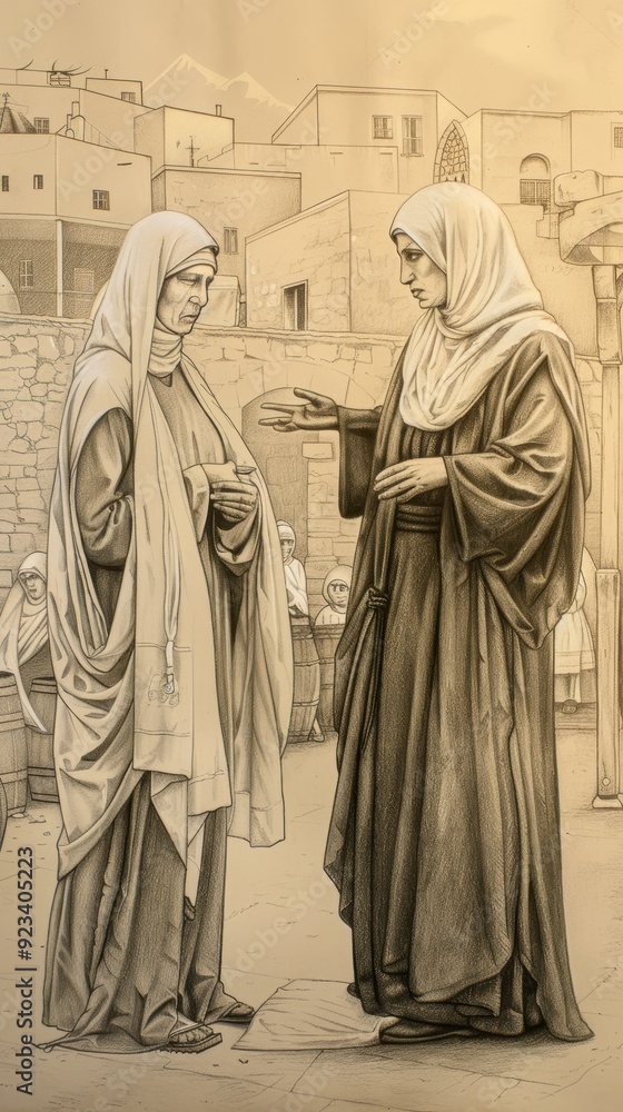 Naklejka premium The painting of St. Anne Teaching Virgin Mary, 1st-Century Jewish Household, Biblical Illustration, Beige Background, Copyspace