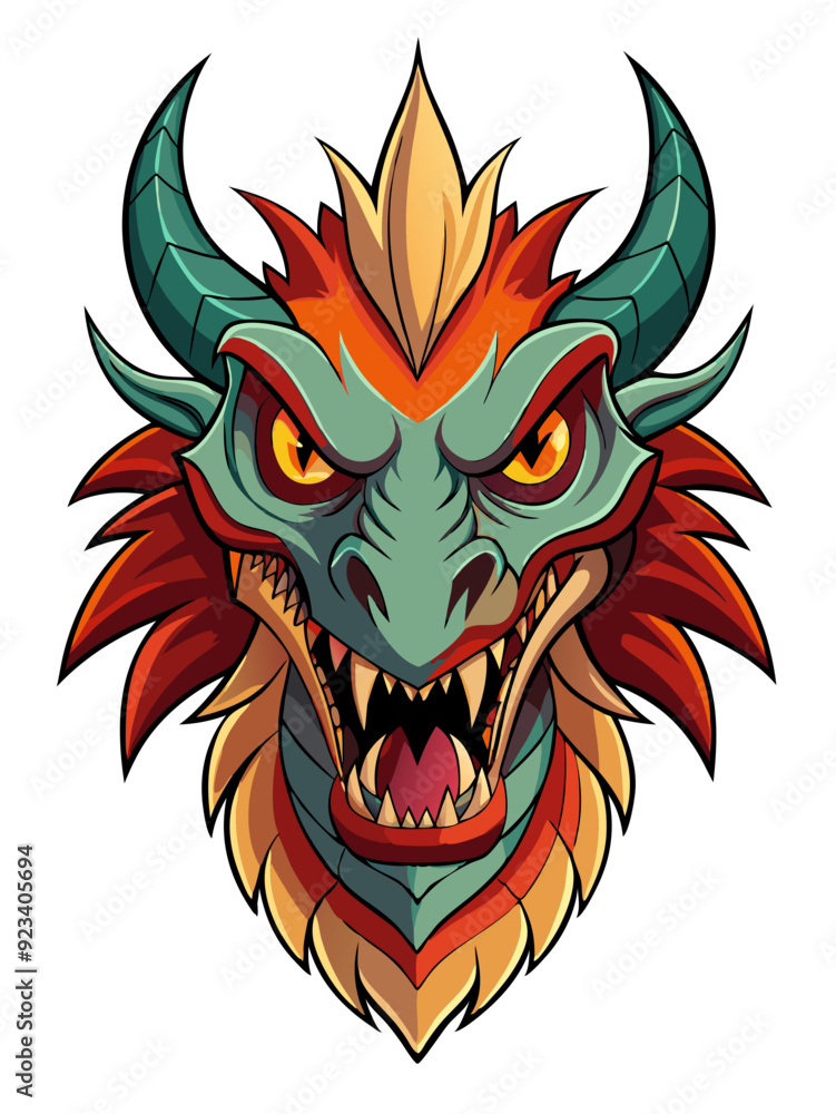 Fototapeta premium Dragon Head Vector Illustration Fierce Mythical Creature Detailed Art Fantasy Design Game Asset