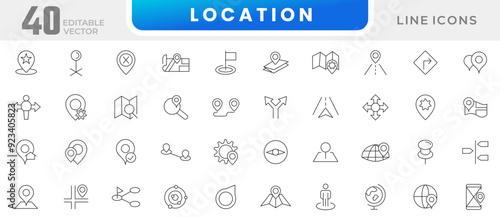 Location line icon collection. Navigation, travel, traffic, point, gps, compuss and distance icon set. UI outline icons pack
