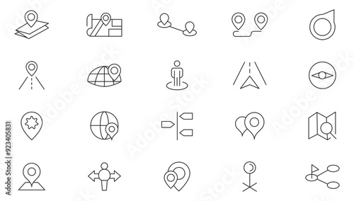Location line icon collection. Navigation, travel, traffic, point, gps, compuss and distance icon set. UI outline icons pack