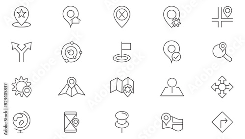 Location line icon collection. Navigation, travel, traffic, point, gps, compuss and distance icon set. UI outline icons pack