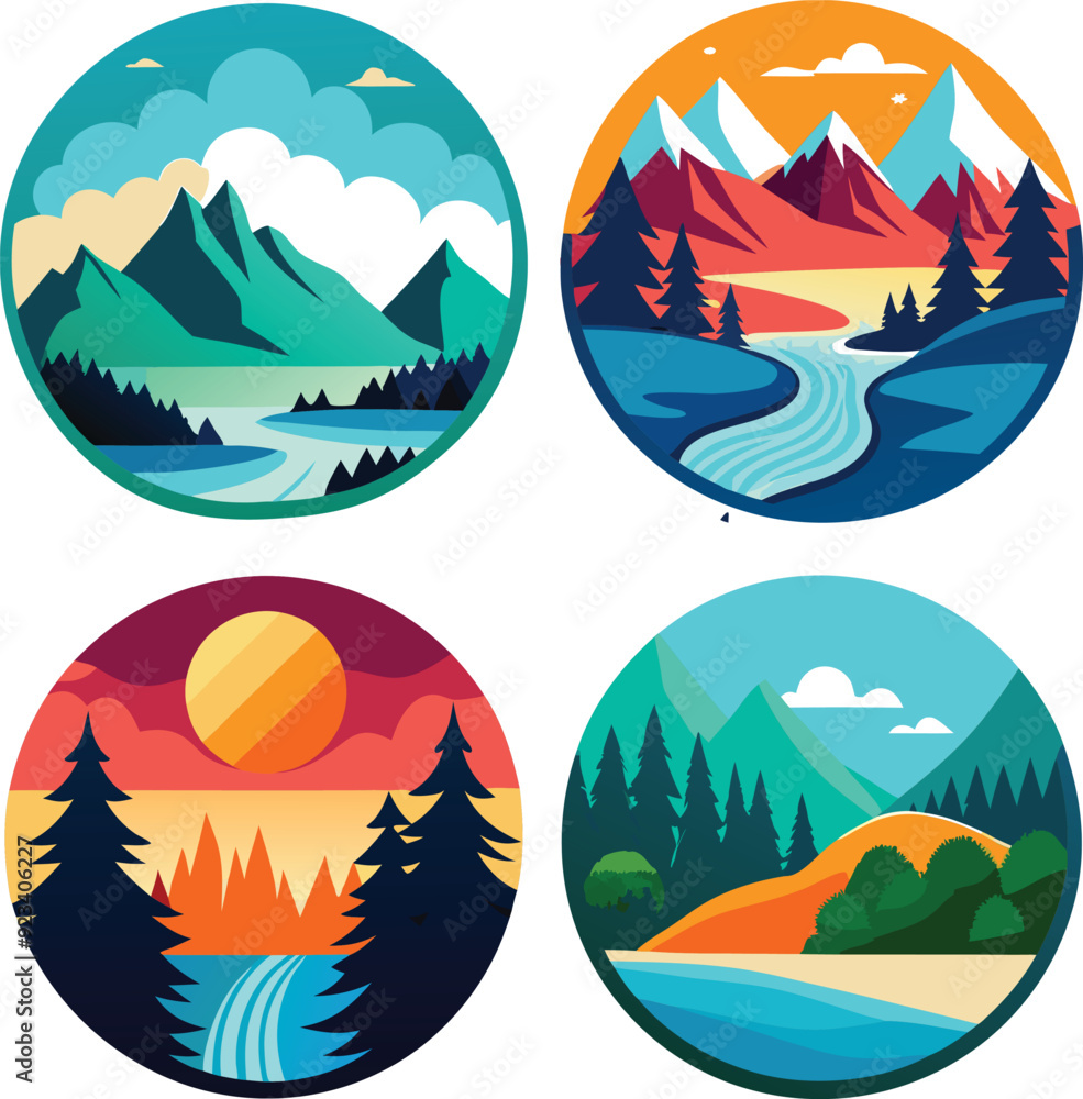 Fototapeta premium Stylized outdoor landscapes, circular backgrounds, trees, mountains, vector, cartoon