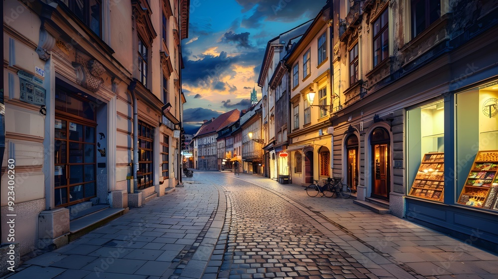 Old Ljubljana cityscape cobbled Ciril-Metodov street evening view. Ljubljana capital of Slovenia. Old Ljubljana cityscape cobbled Ciril-Metodov street evening view. Ljubljana capital of Slovenia.