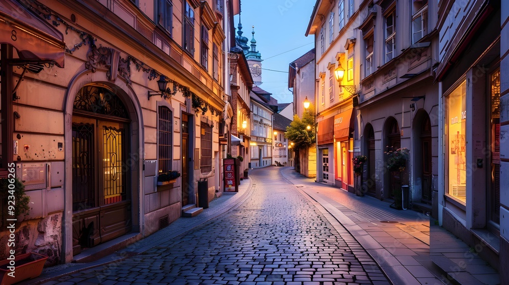 Old Ljubljana cityscape cobbled Ciril-Metodov street evening view. Ljubljana capital of Slovenia. Old Ljubljana cityscape cobbled Ciril-Metodov street evening view. Ljubljana capital of Slovenia.