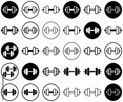 A Collection Of Dumbells Icons Web Header Banner Design Containing Dumbbells,Gym-Exercise,Fitness,Barbell,Dumbbell Outline Icons Collection. Simple Vector Illustration