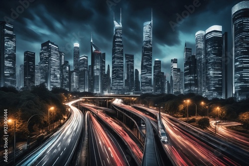 Cityscape at Night with Futuristic Skyscrapers and Busy Highways