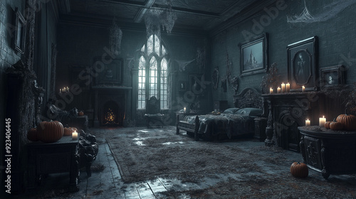 Dark, eerie bedroom decorated for Halloween in an abandoned mansion with cobwebs, candles, and pumpkins during twilight