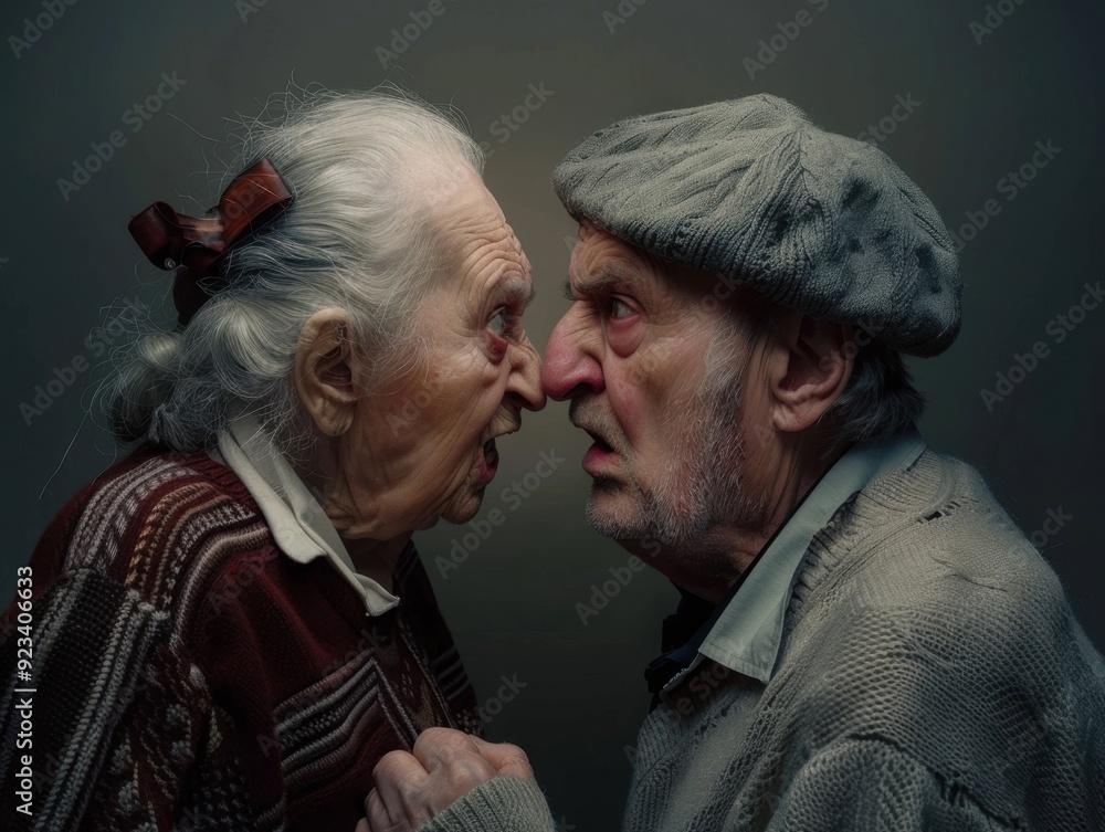 Elderly couple in a playful argument at home, displaying strong emotions and laughter Elderly couple in a playful argument at home, displaying strong emotions and laughter