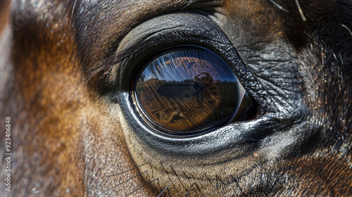 Close-up of a Pegasusâs eye, reflecting a majestic landscape, the eye showing depth and intelligence photo