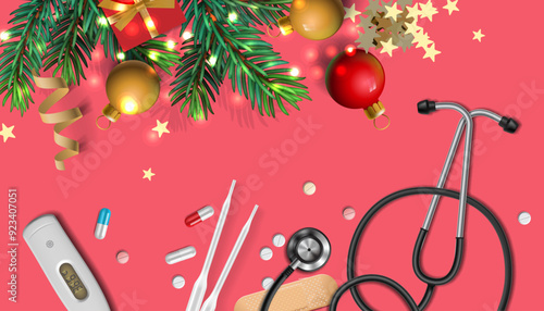 Christmas banner with festive decorations, medical stethoscope and pills on red background. Christmas greeting card for medics concept. Copy space for your text, vector illustration