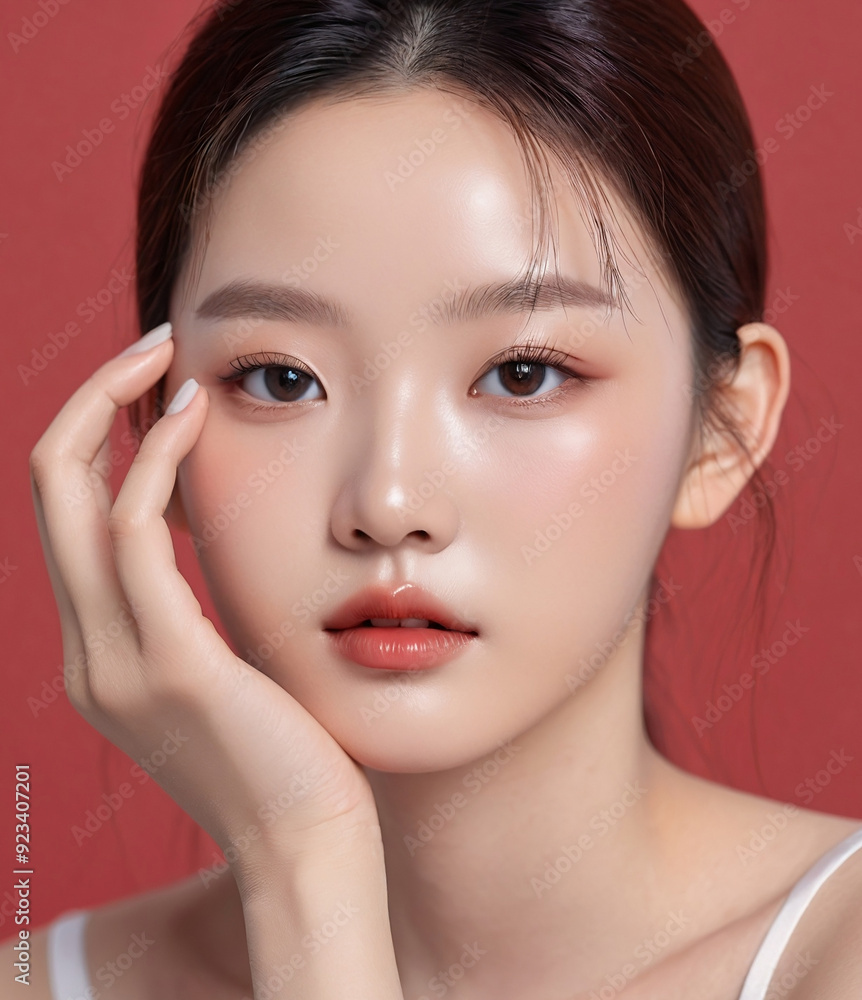 removes make up product skincare model soft red backdrop natural beauty and glowing smooth skin Young model Asian model face product skincare model Beautiful Asian soft red backdrop removes make up product skincare model soft red backdrop natural beauty and glowing smooth skin Young model Asian model face product skincare model Beautiful Asian soft red backdrop