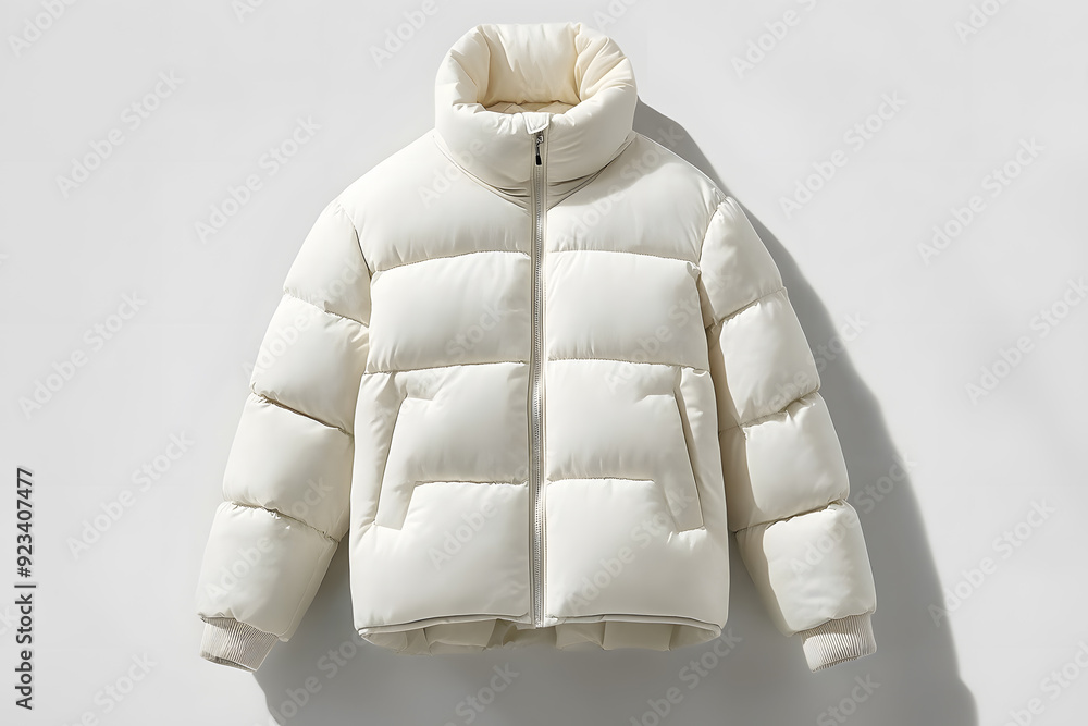 Stylish white warm down jacket mock up isolated on white background. Winter fashion
Stylish white warm down jacket mock up isolated on white background. Winter fashion