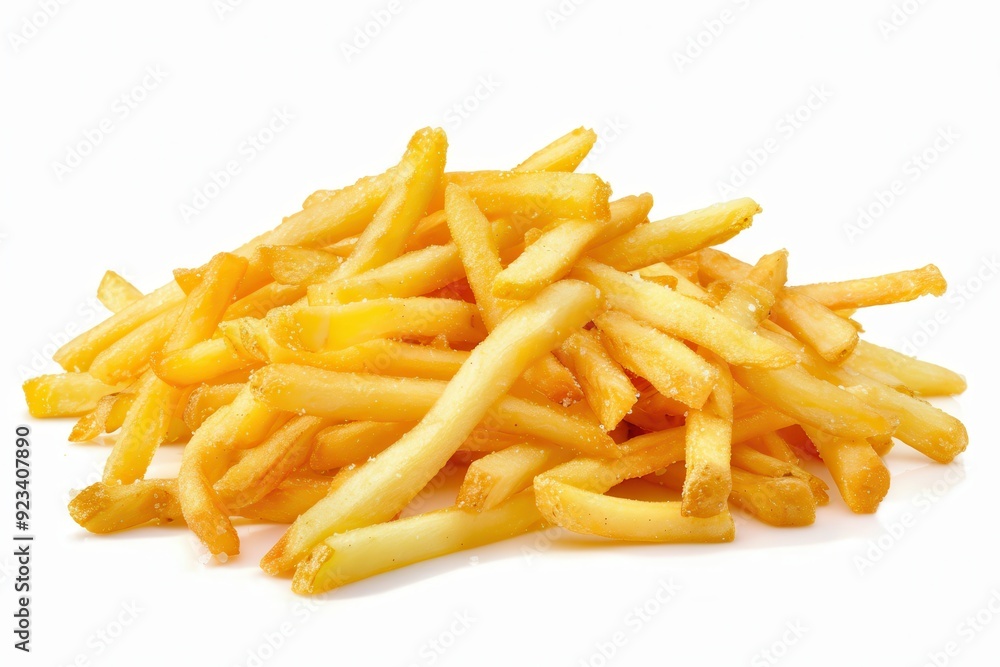Pile Of French Fries. Mouth-Watering Potato Chips Isolated on White Background Pile Of French Fries. Mouth-Watering Potato Chips Isolated on White Background