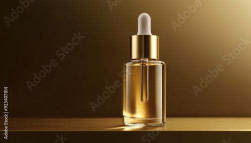 Elegant glass dropper bottle with golden oil on a reflective surface