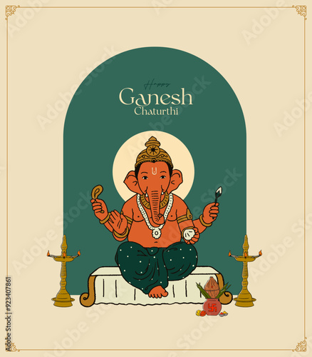 Ganesh Chaturthi Calligraphy with Ganesha Vector illustration, minimal invitation card, social media post design template 