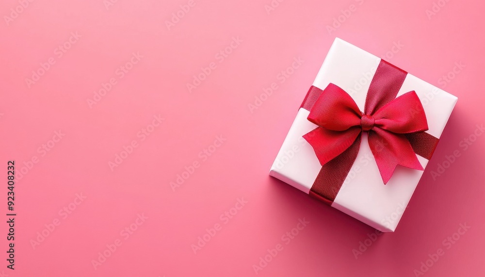 A neatly wrapped gift box with a red bow on a pink background A neatly wrapped gift box with a red bow on a pink background