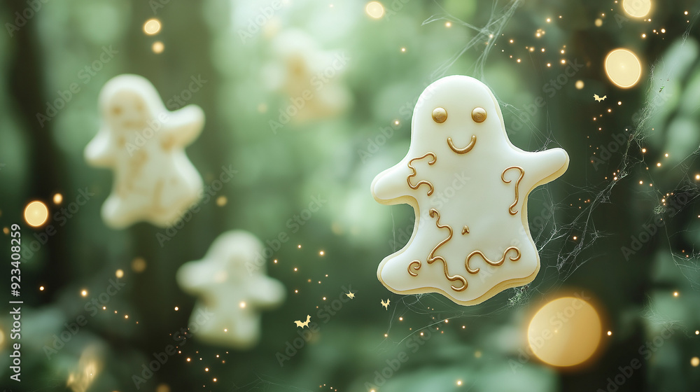 Mystical Halloween ghost cookies with delicate royal icing hover in an enchanted forest scene Mystical Halloween ghost cookies with delicate royal icing hover in an enchanted forest scene