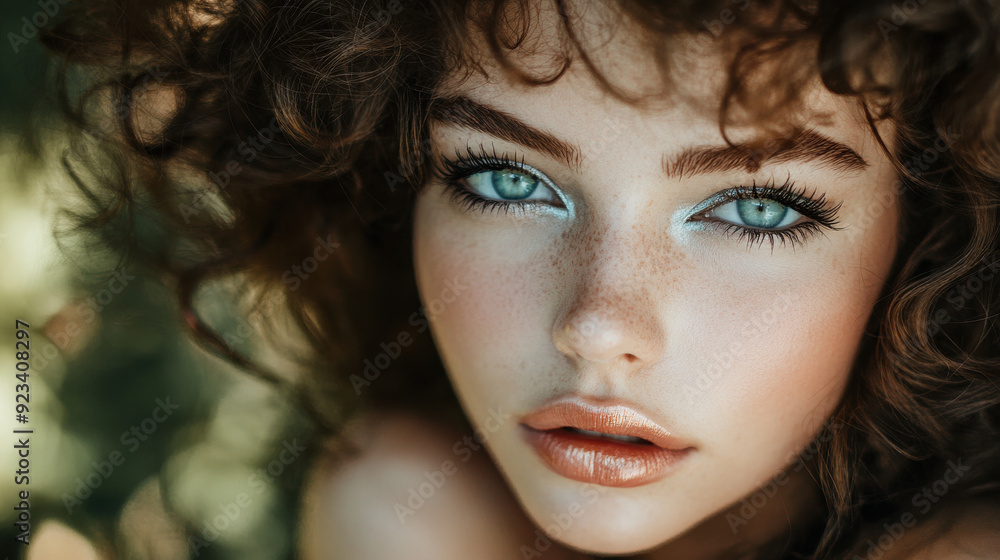 Charming model with curly hair and natural blue-green eyes, looking confidently at the camera. Charming model with curly hair and natural blue-green eyes, looking confidently at the camera.