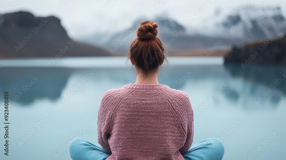 A person sits cross-legged meditating by the lake, with mountains and a serene landscape in the background. The composition emphasizes tranquility and contemplation. A person sits cross-legged meditating by the lake, with mountains and a serene landscape in the background. The composition emphasizes tranquility and contemplation.