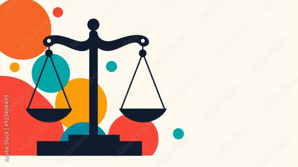 Justice scales with interconnected circles, unity in diversity, flat design illustration Justice scales with interconnected circles, unity in diversity, flat design illustration