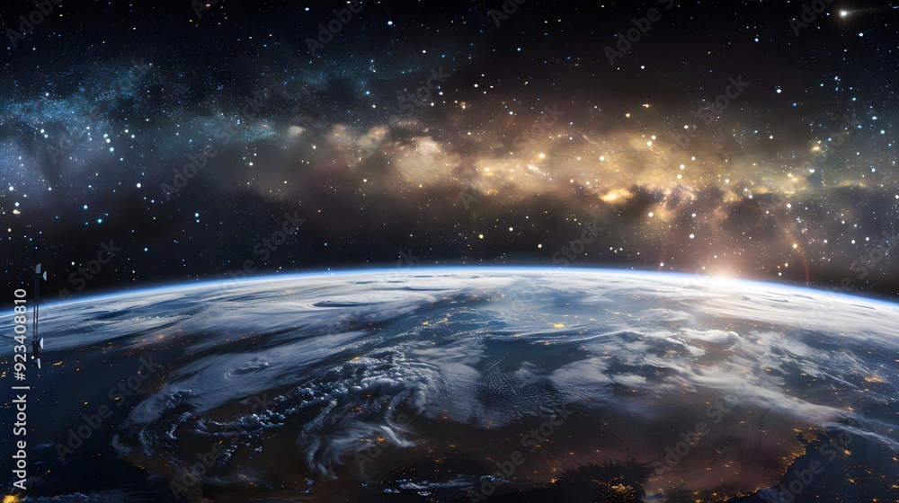 Panoramic view of the Earth, stars and galaxy. Planet Earth, view from space. Space fantasy. Panoramic view of the Earth, stars and galaxy. Planet Earth, view from space. Space fantasy.