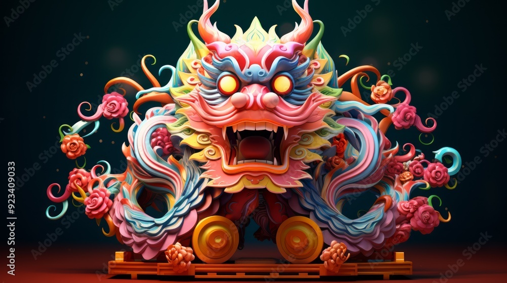 Fototapeta premium Colorful chinese new year traditional dragon portrait. Neural network ai generated art
